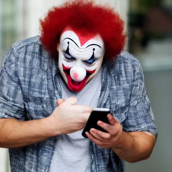 Image similar to clown crying while browsing twitter on his phone