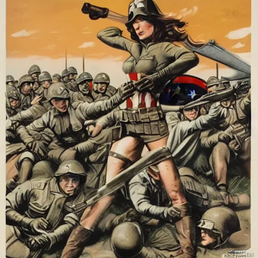 Image similar to female captain america standing on a pile of defeated german soldiers. wwii american propaganda poster by james gurney