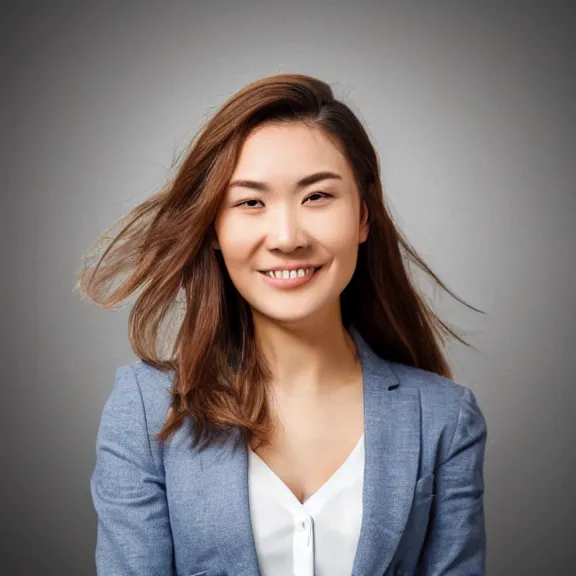 Image similar to portrait of 2 5 - year - old business woman oval face with angle 9 0 ° centred looking away breading fresh air, strong spirit and look between serious and happy, background soft blue