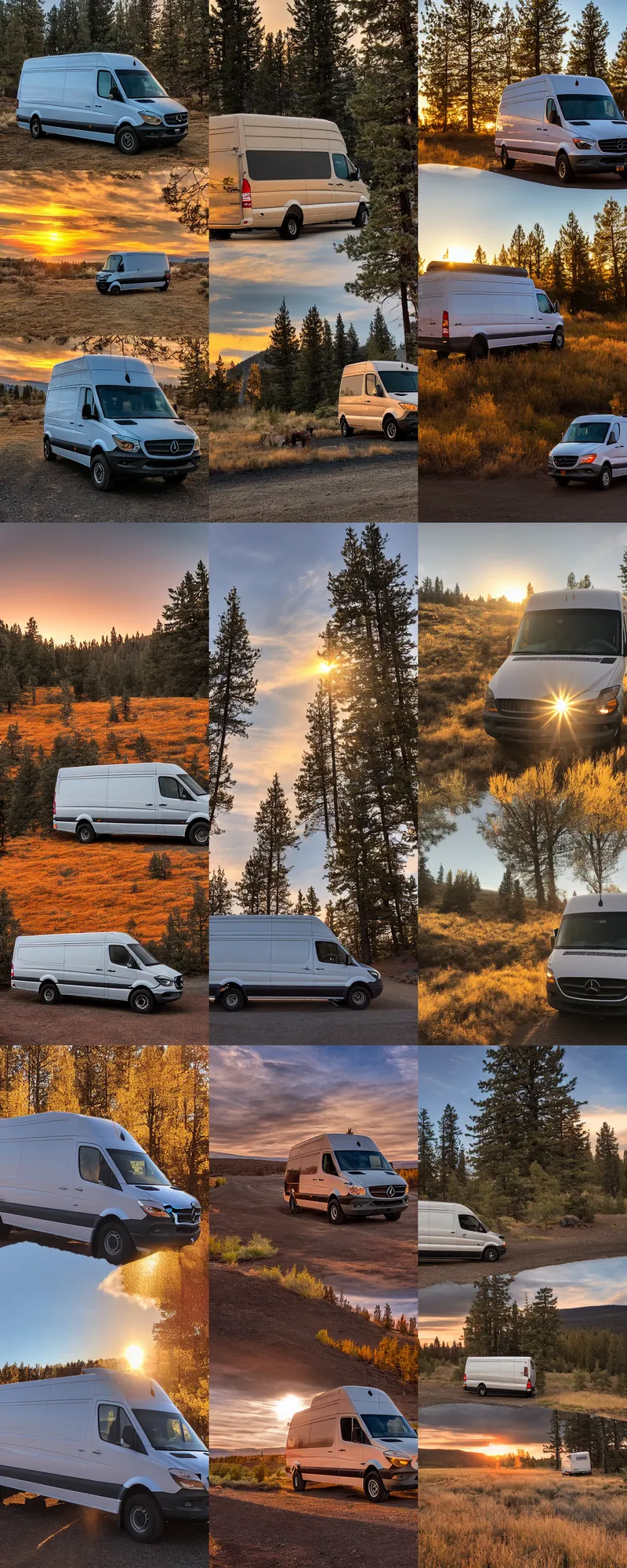 Prompt: a sprinter van in central Oregon at sunset