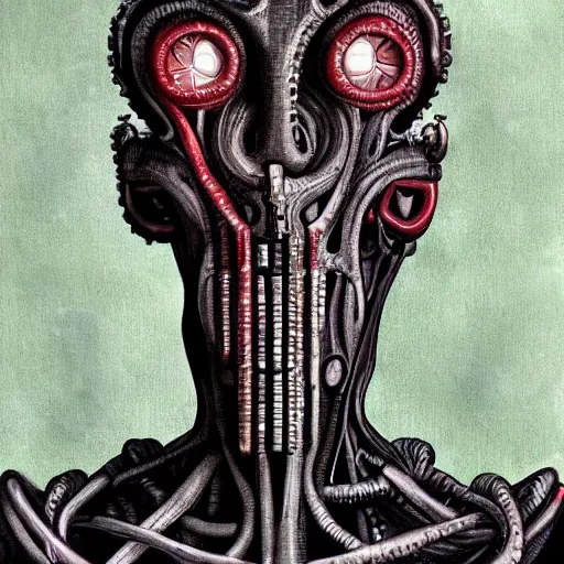 Image similar to painting of a lovecraftian human - machine hybrid