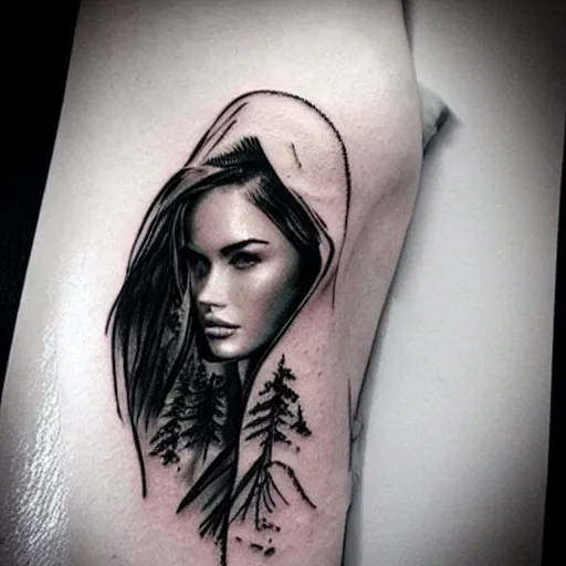 Image similar to double exposure tattoo design sketch of megan fox with beautiful mountain scenery, realism tattoo, in the style of den yakovelev, amazing detail, sharp