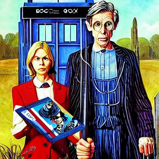 Prompt: American Gothic, with Doctor Who and the TARDIS, by MARVEL comics and Sandra Chevrier, 8k