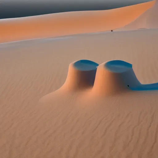 Image similar to two transparent speakers in a pale pink sand dune at dawn