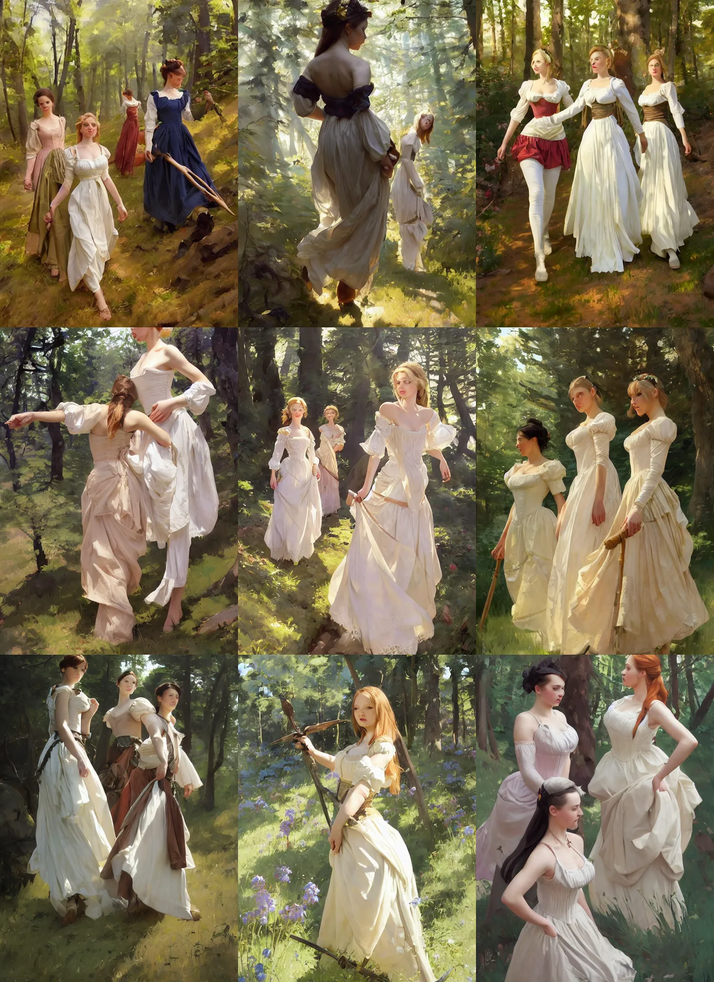 Prompt: three beautiful finnish ukrainian swedish attractive glamour models wearing as village maidens in 1 7 th century bodice with low neckline walking in the woods in a sunny day, jodhpurs greg manchess painting by sargent and leyendecker, studio ghibli fantasy medium shot asymmetrical intricate elegant matte painting illustration hearthstone, by greg rutkowski by greg tocchini by james gilleard