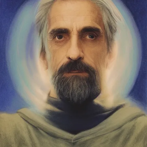 Prompt: portrait powerful blue wizard Jeremy Irons wearing navy blue hoodie brandishes a blue electricity orb elina brotherus greg rutkowski lucas cranach the elder mark rothko tombow