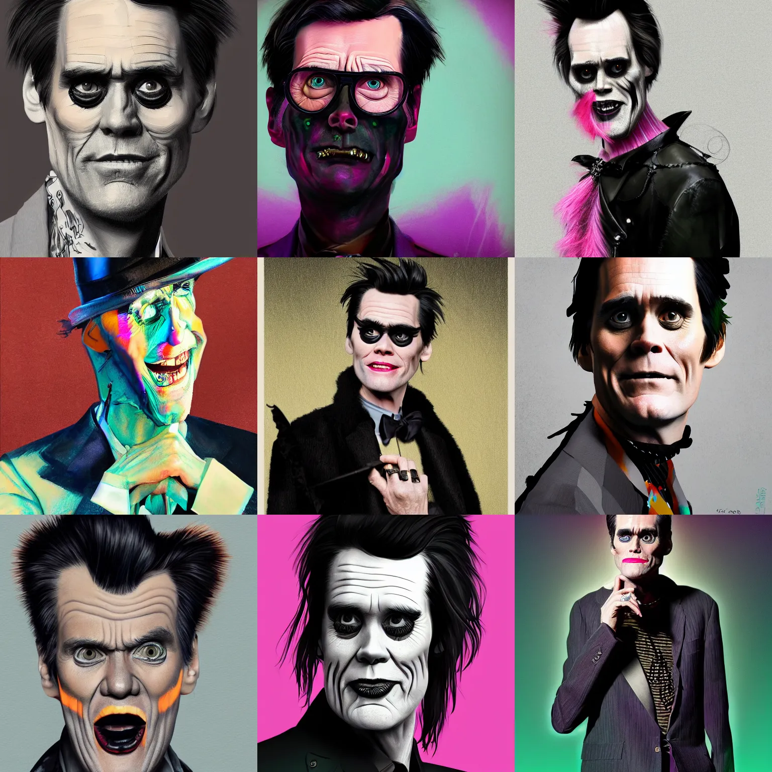 Prompt: a detailed portrait of a fashionable jim carrey wearing a goth outfit by william gropper, magic realism, nanopunk, dieselpunk, beeple, cgsociety, crisp, low angle shot