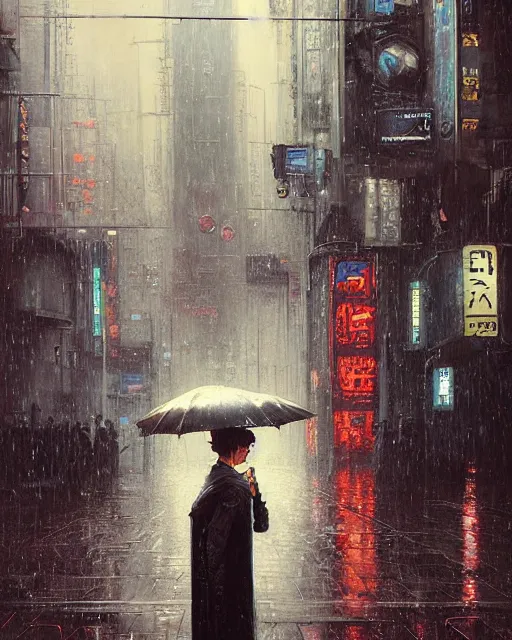 Image similar to a highly detailed epic cinematic concept art CG render digital painting artwork: Tokyo city street, raining. By Greg Rutkowski, in the style of Francis Bacon and Syd Mead and Norman Rockwell and Beksinski, open ceiling, highly detailed, painted by Francis Bacon and Edward Hopper, painted by James Gilleard, surrealism, airbrush, Ilya Kuvshinov, WLOP, Stanley Artgerm, very coherent, triadic color scheme, art by Takato Yamamoto and James Jean