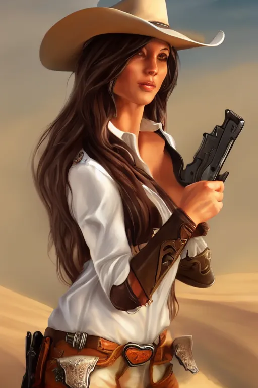 Image similar to full body, female cowgirl, perfect face, white blouse, empty gun holster, 8 k, magic the gathering, desert, d & d, artstation, high detail, smooth, muscular