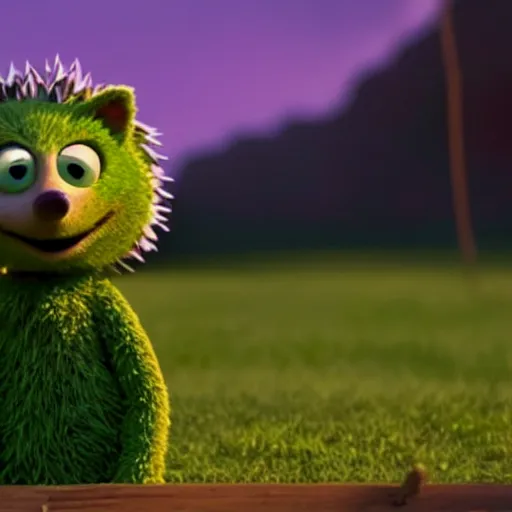 Prompt: green anthropomorphic hedgehog by Pixar with yellow shirt, cinematic shot