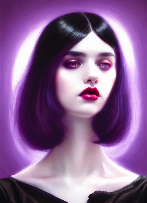 Image similar to portrait of pale teenage girl, red irises, black hair, white bangs, purple lipstick, intricate, elegant, glowing lights, highly detailed, digital painting, artstation, concept art, smooth, sharp focus, illustration, art by wlop, mars ravelo and greg rutkowski