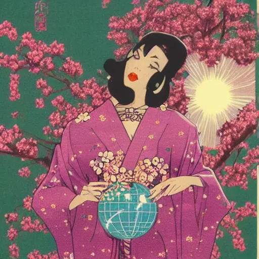 Prompt: a digital robot goddess in a regal pose, she holds the globe in one hand and blooming flowers in the other. 1980s Japanese Magazine Illustration.