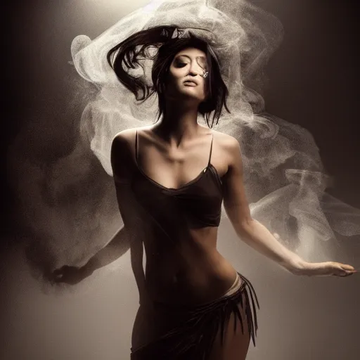 Image similar to a Photorealistic dramatic hyperrealistic render of a glamorous beautiful Female smoke dancer, Flowing cloth and smoke,Beautiful dynamic dramatic dark moody lighting,volumetric,shadows,cinematic atmosphere,Octane render,8K