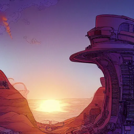 Prompt: the warm sun rising over the sci fi world landscape in the styleof moebius