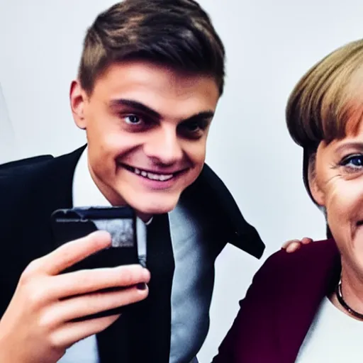 Image similar to martin garrix taking a selfie with angela merkel