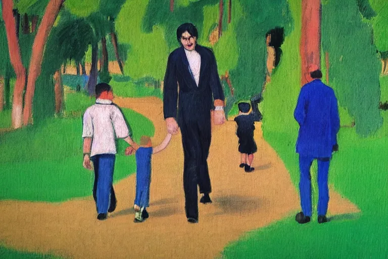 Image similar to a very tall man named John with dark hair holding the hands of a short young boy named Alex with dark hair as they walk in a park on a bright beautiful colorful day. part in the style of an edgar degas painting. part in the style of david hockney