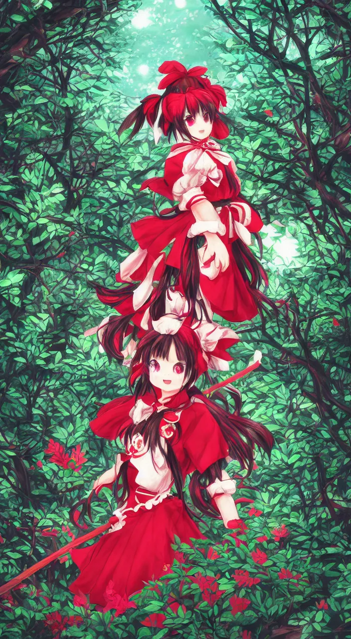 Prompt: Reimu Hakurei walking in the night forest, highly detailed illustration