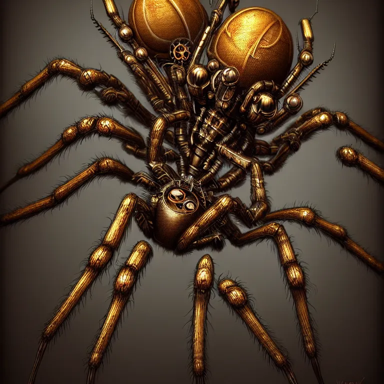 Image similar to steampunk spider, biomechanical, 3 d model, unreal engine realistic render, 8 k, micro detail, intricate, elegant, highly detailed, centered, digital painting, artstation, smooth, sharp focus, illustration, artgerm, tomasz alen kopera, by wlop