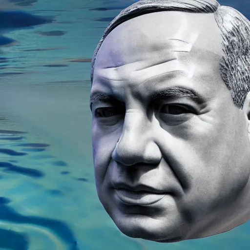 Image similar to a giant benjamin netanyahu sculpture made out of jelly, in the sea, long shot, hyper detailed, hyper realistic, ray tracing, 8 k resolution, sharp focus, realistic water, award winning