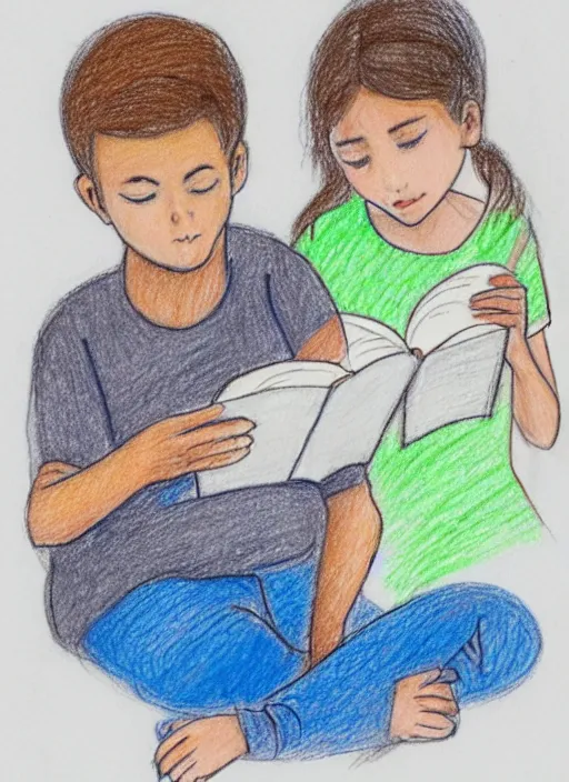 Prompt: impressionist colored pencil drawing of a boy and a girl sitting and reading in a sketchbook, minimalist, on coarse white paper, long separated colored pencil strokes, sketchbook aesthetic, mixed media