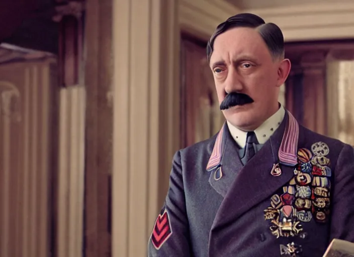 Prompt: a film still of a pompous adolf hitler in the grand budapest hotel ( 2 0 1 4 ) )