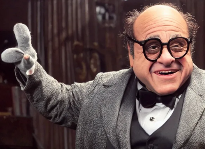 Prompt: film still of Danny Devito as Mr Mistoffelees in Cats, 4k