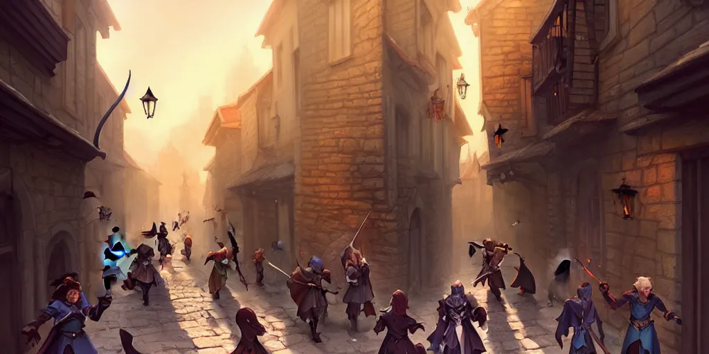 Image similar to an exciting fantasy street battle within a fascinating old city, photo-real characters, narrow streets, old buildings, by Sylvain Sarrailh, cinematic, simple but effective composition, clean lines, beautiful digital painting, oil painting, ultra photo-real render, great character design, dungeons and dragons, lord of the rings, close up characters, fantasy races