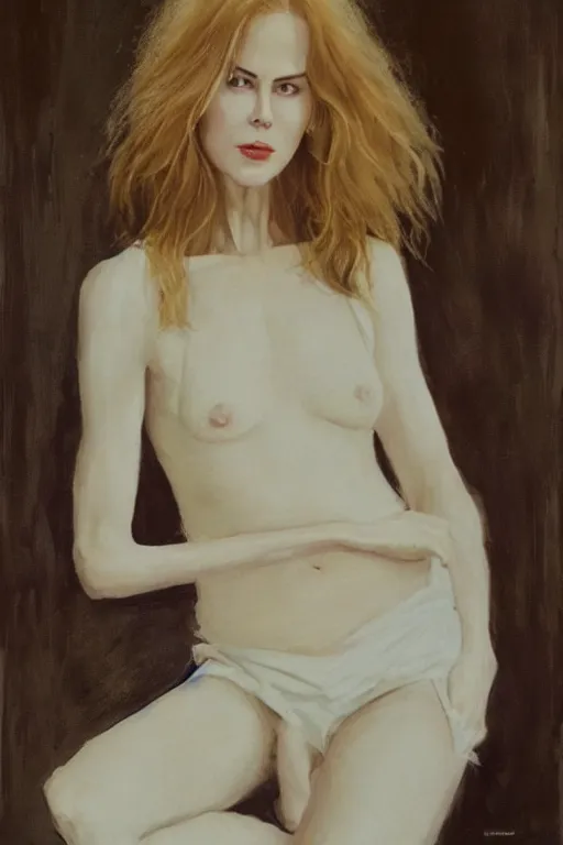 Prompt: 23 year old nicole kidman , loose messy hair , thoughtful eyes, wearing a thin white skimpy cotton camisole, pale skin, poised beautiful body, symmetrical face, zen aesthetic, interior design, amber and blue color scheme, sophisticated, pensive, contemplation, meditation, aloof, ethereal, oil painted canvas, loose brush strokes, Whistler painting