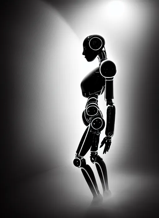 Prompt: surreal mythical dreamy dark artistic black and white fine art fashion portrait photo of a young beautiful delicate female metropolis robot giving birth, spiritual, halo, glory, rim light, cinematic, studio dramatic light, poetic, masterpiece, octane render, 8 k, photo - realistic by dora maar man ray