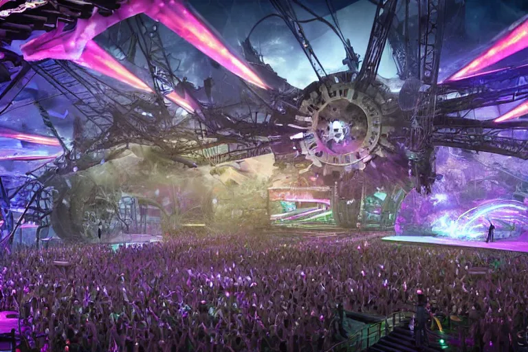 Image similar to an outdoor festival stage with audience, center of the stage is a big futuristic dieselpunk machine with gears and belts and tubes, rock musicians on the stage, laser show, 8 k, fluorescent colors, halluzinogenic, multicolored, exaggerated detailed, unreal engine