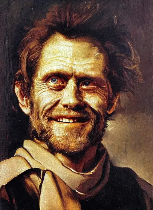 Image similar to portrait painting of willem dafoe with stubble smiling warmly, renaissance oil painting, studious chiaroscuro