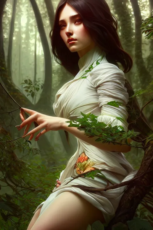 Image similar to beautiful digital painting of a stylish female forest with high detail, 8 k, stunning detail, works by artgerm, greg rutkowski and alphonse mucha, unreal engine 5, 4 k uhd