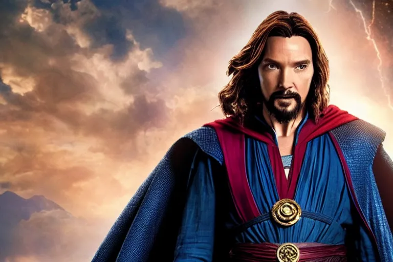 Image similar to film still of Jesus Christ as Doctor Strange in new Avengers film, 4k