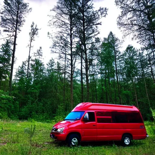 Image similar to a silver metallkc camper in a forest clearing. a long tall pillar of red light raising into the sky in background