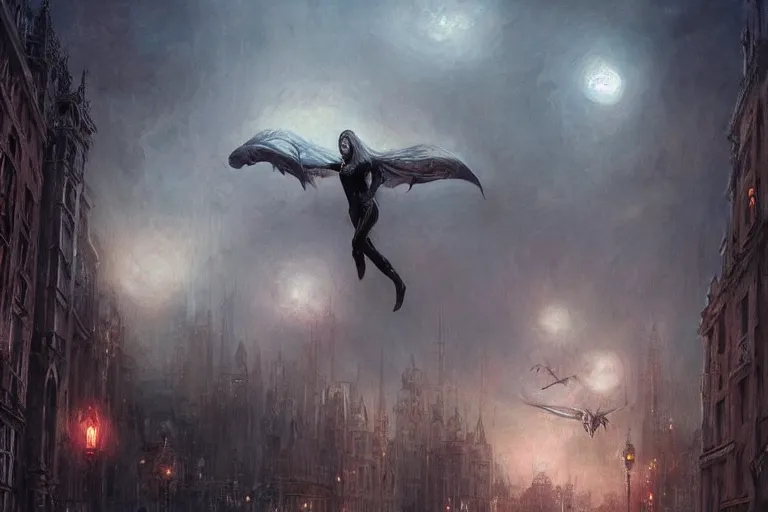 Prompt: Beautiful Pale Vampire Flying over a dimly lit metropolis in the dead of night, fantasy, professional illustration by Seb McKinnon, ArtGerm, WLOP, scenic, cinematic lighting, detailed