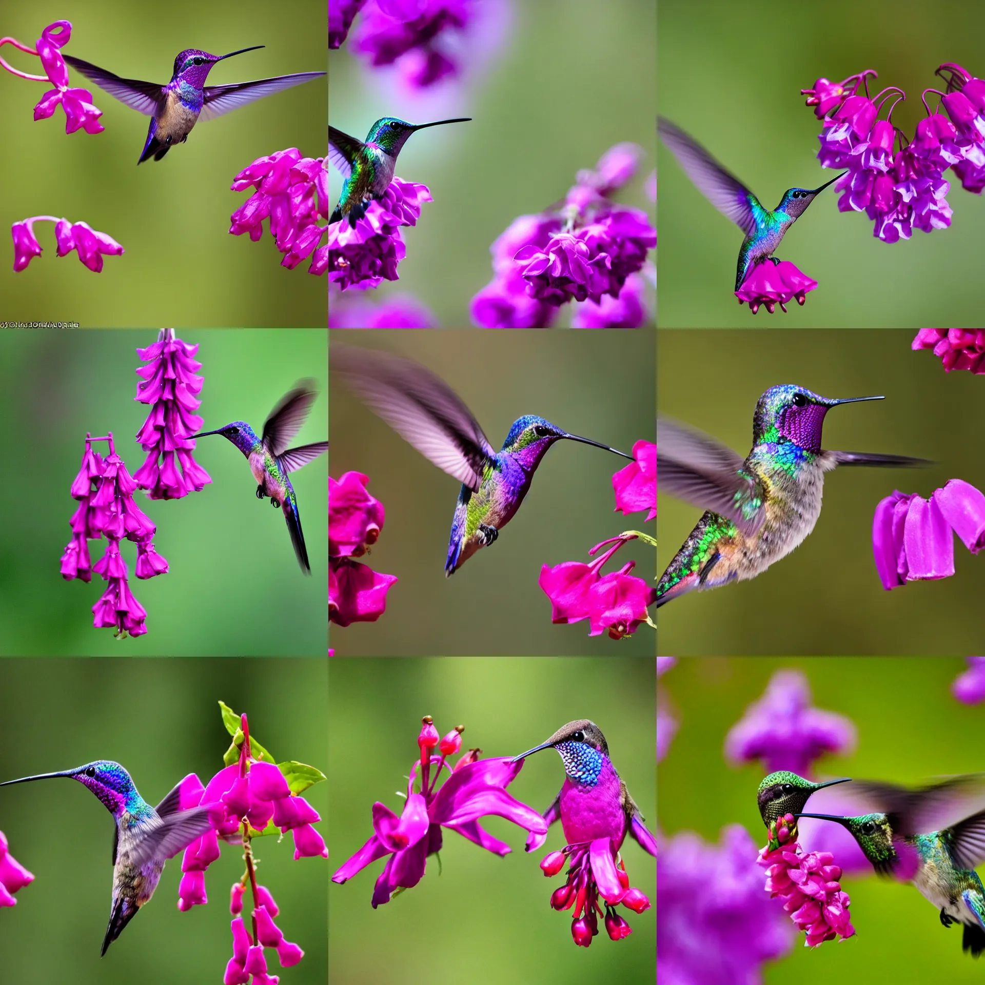 Prompt: close up shot of a purple hummingbird at a fuchsia flower in the andorran pyrenees