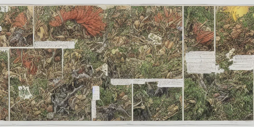 Image similar to high resolution scan of the pages of the cursed herbarium, by akira toriyama, by john howe