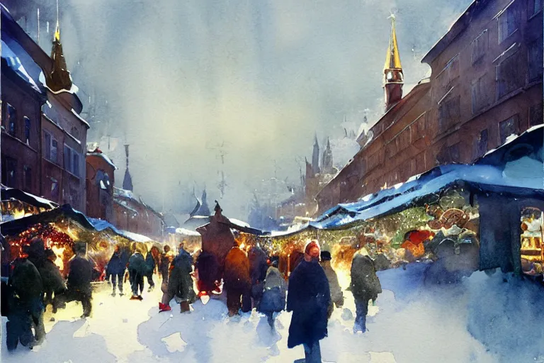 Prompt: abstract watercolor painting of stockholm street, magic diamond crystal winter, traditional christmas market, cinematic light, sharp shadows, daylight, national romanticism by anders zorn, by greg rutkowski, by greg manchess