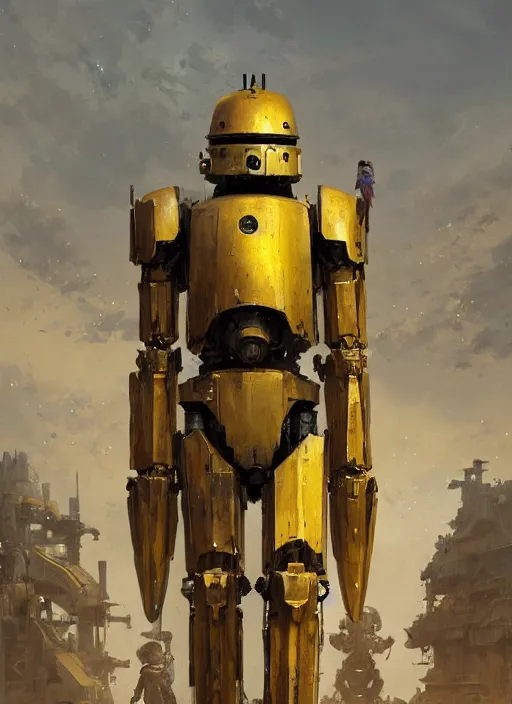 Image similar to human-sized strong intricate yellow pit droid carrying very detailed perfect antique great sword and beautiful large paladin shield, pancake short large head, exposed metal bones, painterly humanoid mecha, slightly far away, by Greg Rutkowski