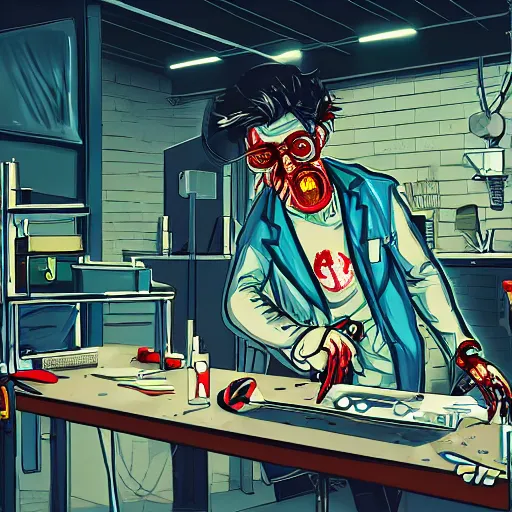 Prompt: editorial illustration of a laboratory setup from a mad scientist, zombi apocalypse, photography, fine texture, dynamic composition, detailed, dynamic perspective, colorful modern