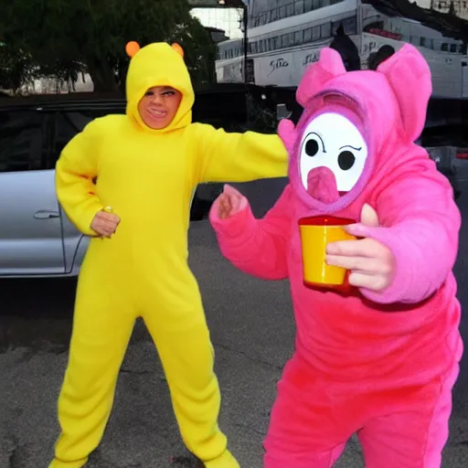 Image similar to teletubie dress as ninja with a mate drink on hand
