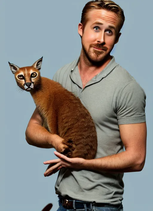 Image similar to Ryan Gosling holds a caracal cat in his hands, ultra highly detailed, smooth, sharp focus, elegant, trending on artstation