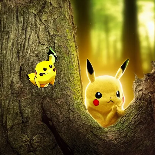 Image similar to very very intricate photorealistic photo of pikachu peeking through a tree in a forest, photo is in focus with detailed atmospheric lighting, award - winning details