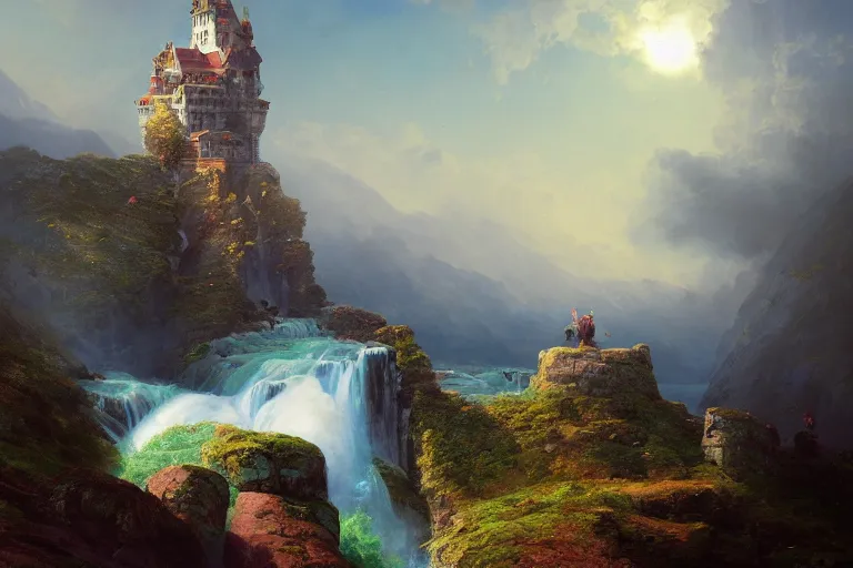 Prompt: castle at the top of a magical mountain, waterfall below, oil painting by Ivan Aivazovsky and Greg Rutkowski, artstation, fantasy, intricate, beautiful, cinematic, octane render, arnold render, 8k, hyper realism, detailed, sharp focus, 4k uhd