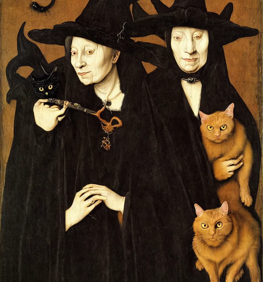 Prompt: painted portrait of a creepy witch with a black cat, 1 6 th century, hans holbein the younger, jan van eyck, gerit dou,