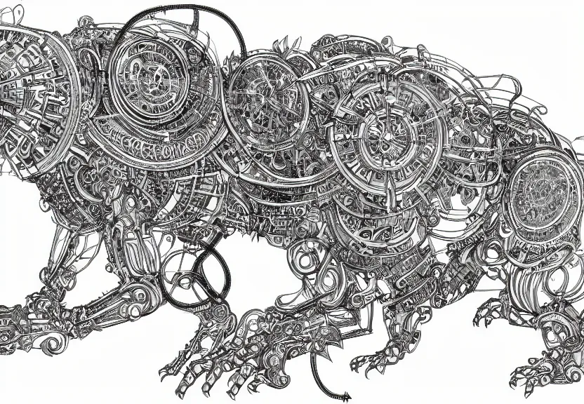 Image similar to 1 / 4 schematic blueprint of highly detailed ornate filigreed convoluted ornamented elaborate cybernetic rat, full body, character design, middle of the page, art by da vinci