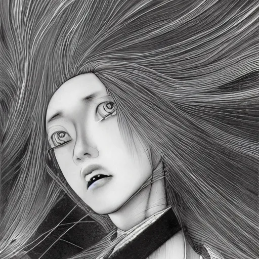 Image similar to Yoshitaka Amano realistic illustration of an anime girl with white hair and cracks on her face wearing dress suit with tie fluttering in the wind, abstract black and white patterns on the background, noisy film grain effect, highly detailed, Renaissance oil painting, weird portrait angle