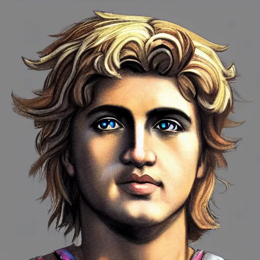 Image similar to portrait of alexander the great with a smug face, illustration by hayao miyazaki, vivid colors, extremely detailed, hd, 8 k, artstation