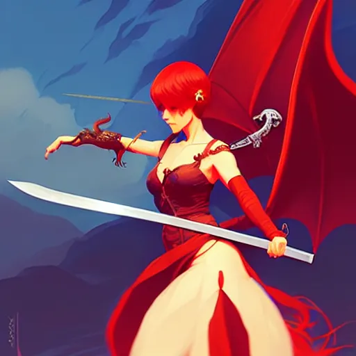 Image similar to a woman holding a sword with a dragon on it, concept art by Ilya Kuvshinov, contest winner, fantasy art, official art, concept art, high detail, experimental, high quality, hyperrealistic, 4k