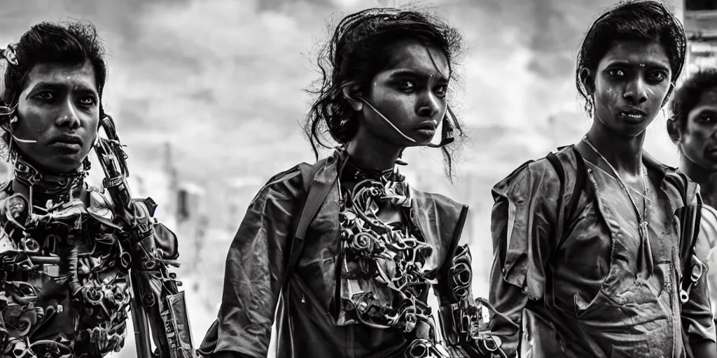 Prompt: sri lankan futuristic cyberpunk gang, film still, epic shot cinematography, rule of thirds, sci - fi tech style